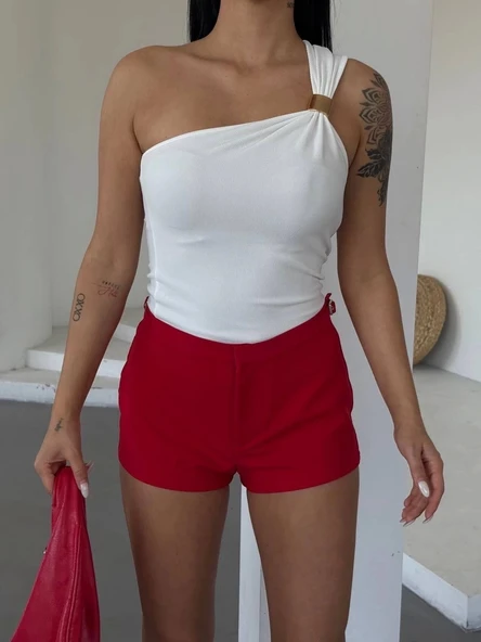 Tek omuzlu Otoman kumaş gold metal detaylı bluz s2311 - 5