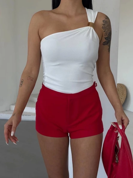 Tek omuzlu Otoman kumaş gold metal detaylı bluz s2311 - 4