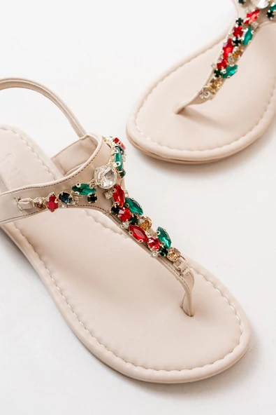 152-1110 Bej Multi Taşlı Parmak Arası Kadın Sandalet - Resim 5