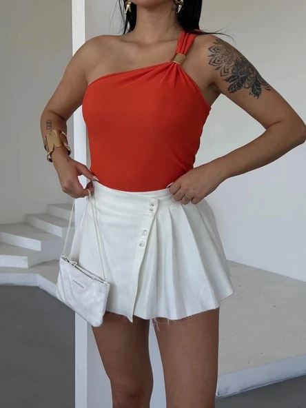 Tek omuzlu Otoman kumaş gold metal detaylı bluz s2311 - 3