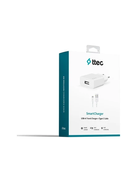 TTEC 2SCS20CB SmartCharger 2.1A Seyahat Şarj Aleti + USB-A - USB-C Kablo Beyaz