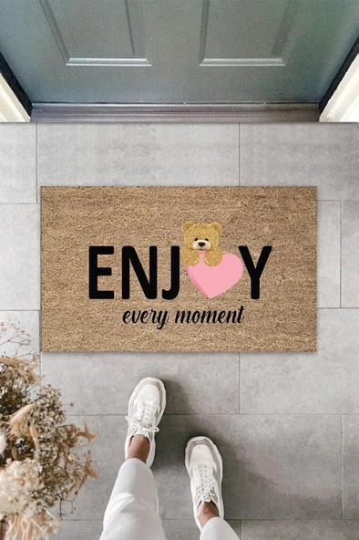 Bej Kapı Önü Paspası Enjoy Ever Moment Ayıcık Desen  K-3351
