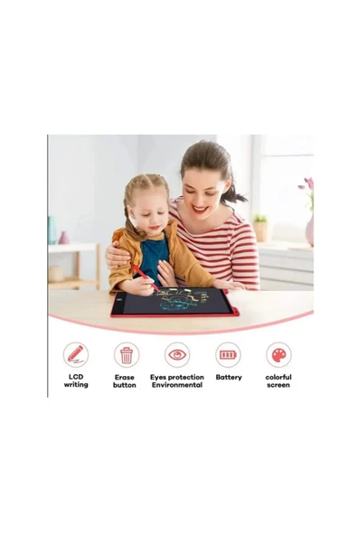 12 Inc Renkli Lcd Grafik Dijital Kalemli Çizim Tableti Yazı Tahta Not Yazma Eğitim Tableti Kırmızı - 3