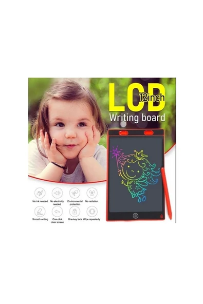 12 Inc Renkli Lcd Grafik Dijital Kalemli Çizim Tableti Yazı Tahta Not Yazma Eğitim Tableti Kırmızı - 2