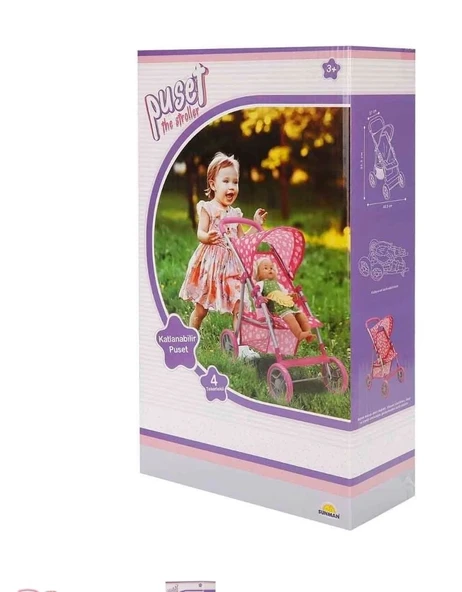 0664 Puantiye Desenli, 4 Tekerlekli Ve Tenteli Oyuncak Puset - Sunman - 2