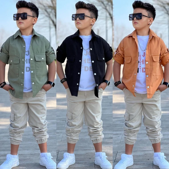 MODAVALS CEP ve KOL DETAYLI DÜĞMELİ CEKET BASKILI TİŞÖRT ve KARGO PANTOLON 3 PARÇA ERKEK ÇOCUK TAKIM-589274601