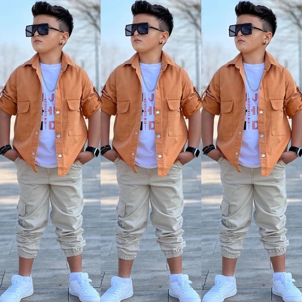 MODAVALS CEP ve KOL DETAYLI DÜĞMELİ CEKET BASKILI TİŞÖRT ve KARGO PANTOLON 3 PARÇA ERKEK ÇOCUK TAKIM-589274601 - 5