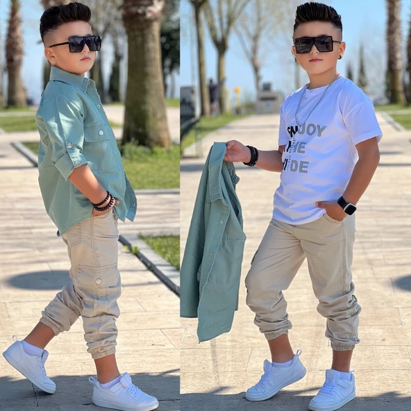 MODAVALS CEP ve KOL DETAYLI DÜĞMELİ CEKET BASKILI TİŞÖRT ve KARGO PANTOLON 3 PARÇA ERKEK ÇOCUK TAKIM-589274601 - 12