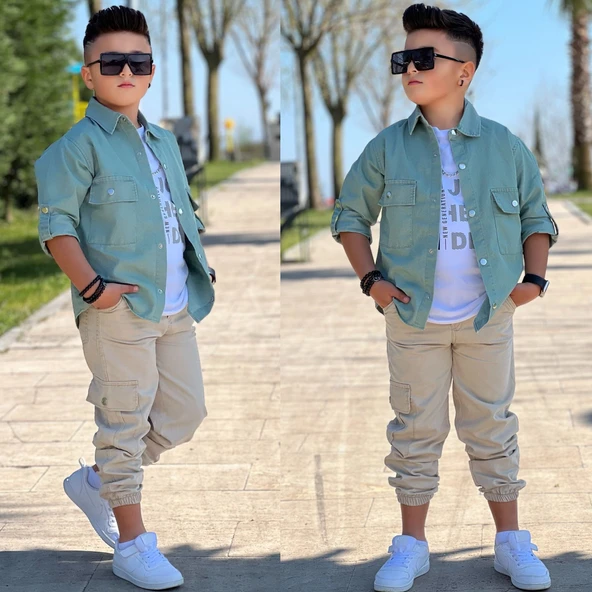 MODAVALS CEP ve KOL DETAYLI DÜĞMELİ CEKET BASKILI TİŞÖRT ve KARGO PANTOLON 3 PARÇA ERKEK ÇOCUK TAKIM-589274601 - 9