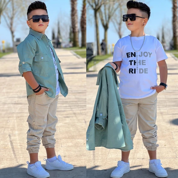 MODAVALS CEP ve KOL DETAYLI DÜĞMELİ CEKET BASKILI TİŞÖRT ve KARGO PANTOLON 3 PARÇA ERKEK ÇOCUK TAKIM-589274601 - 11