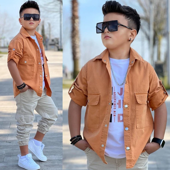 MODAVALS CEP ve KOL DETAYLI DÜĞMELİ CEKET BASKILI TİŞÖRT ve KARGO PANTOLON 3 PARÇA ERKEK ÇOCUK TAKIM-589274601 - 6