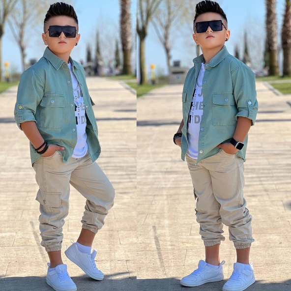 MODAVALS CEP ve KOL DETAYLI DÜĞMELİ CEKET BASKILI TİŞÖRT ve KARGO PANTOLON 3 PARÇA ERKEK ÇOCUK TAKIM-589274601 - 10