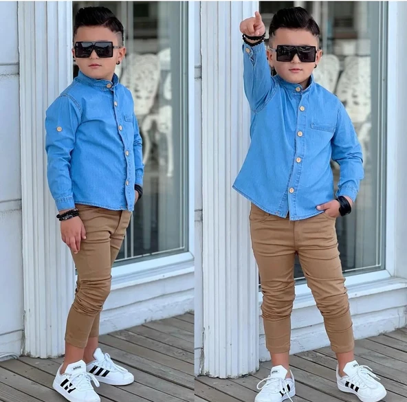 MODAVALS HAKİM YAKA DENIM GÖMLEK & GABARDİN PANTOLON ERKEK ÇOCUK 2’Li TAKIM - 2