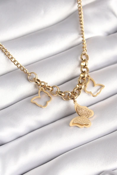 316L Çelik Gold Renk Simli Kelebek Model Kadın Kolye - TJ-BKO8360