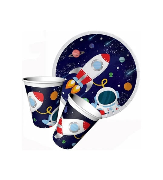 UZAY TEMALI KARTON TABAK VE BARDAK SETİ 8+8 ADET