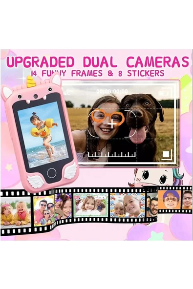Çocuklar İçin Eğitici Telefon Dokunmatik Ekran Çift Kameralı Fenerli Müzik Çalar Oyun Video Pembe - 2