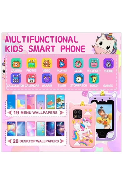 Çocuklar İçin Eğitici Telefon Dokunmatik Ekran Çift Kameralı Fenerli Müzik Çalar Oyun Video Pembe - 5
