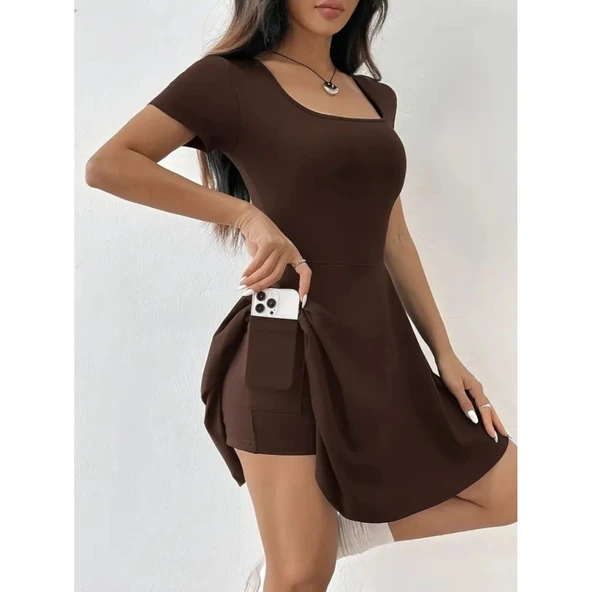 Lucky Life Kadın Kısa Kollu Kare Yaka Short Detaylı Cepli Dalgıç Elbise