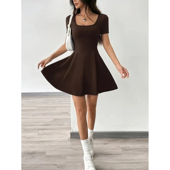 Lucky Life Kadın Kısa Kollu Kare Yaka Short Detaylı Cepli Dalgıç Elbise - Resim 6