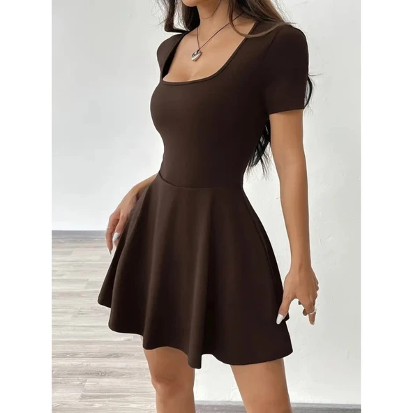 Lucky Life Kadın Kısa Kollu Kare Yaka Short Detaylı Cepli Dalgıç Elbise - Resim 5