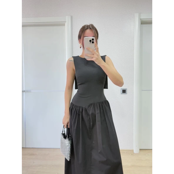 Lucky Life Kadın Arkası Kanatlı Uzun Elbise- Siyah - Resim 2