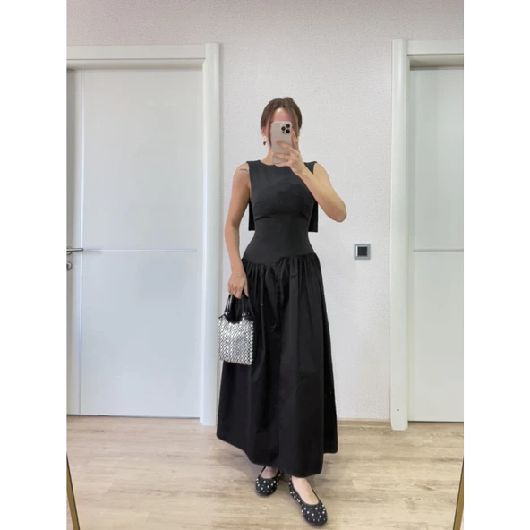 Lucky Life Kadın Arkası Kanatlı Uzun Elbise- Siyah ürün görseli 1