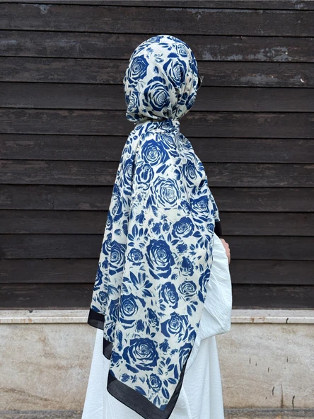 Pamuklu Soft Roza Desen Şal-Krem/Lacivert - 4