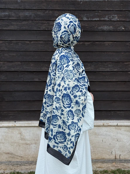 Pamuklu Soft Roza Desen Şal-Krem/Lacivert - 3