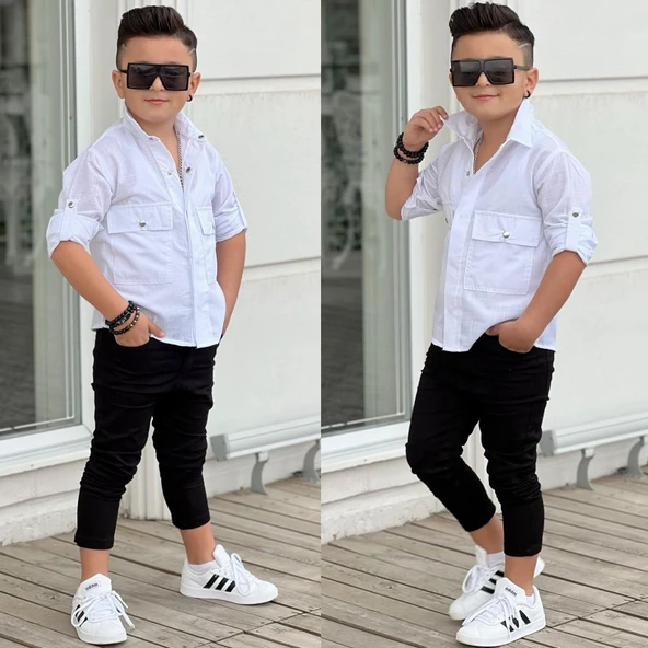 MODAVALS KAPAKLI CEP DETAYLI GÖMLEK & GABARDİN PANTOLON ERKEK ÇOCUK ALT ÜST TAKIM - 9