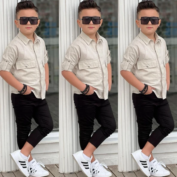 MODAVALS KAPAKLI CEP DETAYLI GÖMLEK & GABARDİN PANTOLON ERKEK ÇOCUK ALT ÜST TAKIM - 10