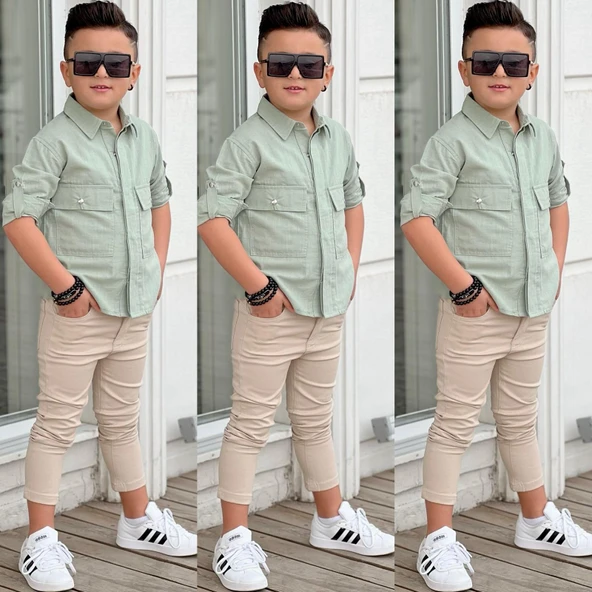 MODAVALS KAPAKLI CEP DETAYLI GÖMLEK & GABARDİN PANTOLON ERKEK ÇOCUK ALT ÜST TAKIM