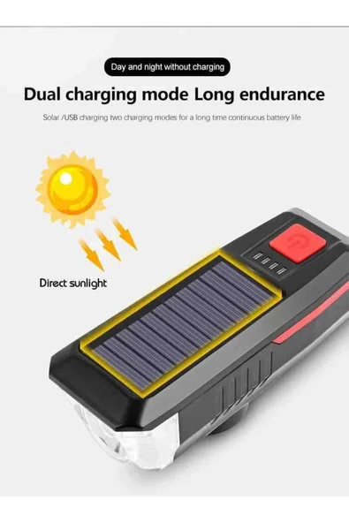 ROBESBON Solar Enerjili, Usb Şarjlı Bisiklet Ön Far, Korna - 2