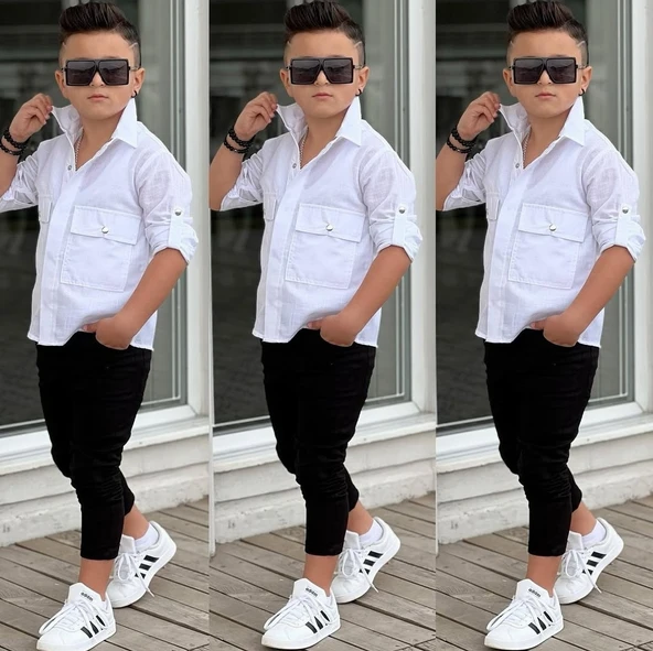 MODAVALS KAPAKLI CEP DETAYLI GÖMLEK & GABARDİN PANTOLON ERKEK ÇOCUK ALT ÜST TAKIM - 7