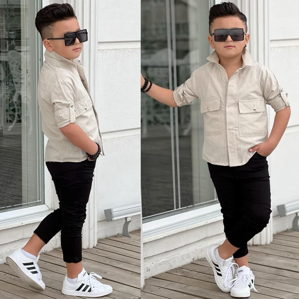 MODAVALS KAPAKLI CEP DETAYLI GÖMLEK & GABARDİN PANTOLON ERKEK ÇOCUK ALT ÜST TAKIM - 11