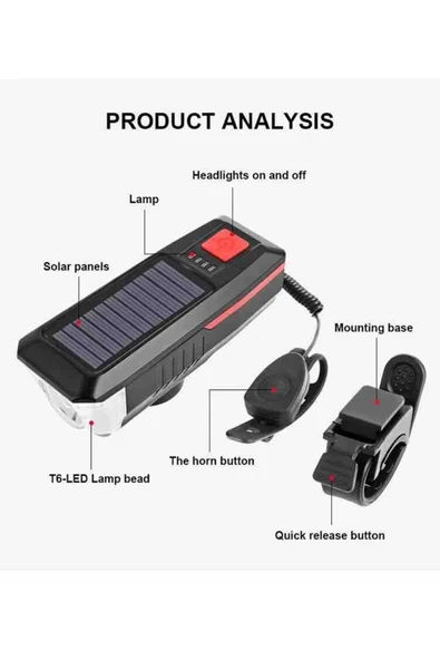 ROBESBON Solar Enerjili, Usb Şarjlı Bisiklet Ön Far, Korna - 6