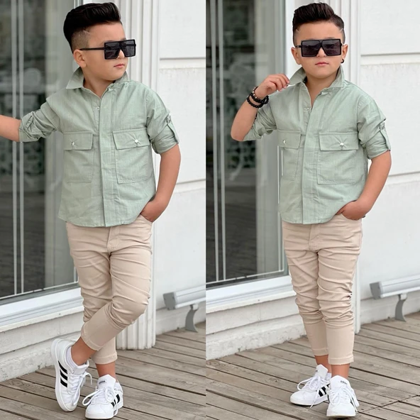 MODAVALS KAPAKLI CEP DETAYLI GÖMLEK & GABARDİN PANTOLON ERKEK ÇOCUK ALT ÜST TAKIM - 2