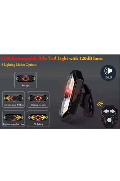 ROBESBON Sesli Bisiklet Dönüş Sinyali Şarj Edilebilir Bisiklet Arka Led Uyarı Işığı Uzaktan Kumandalı - 2