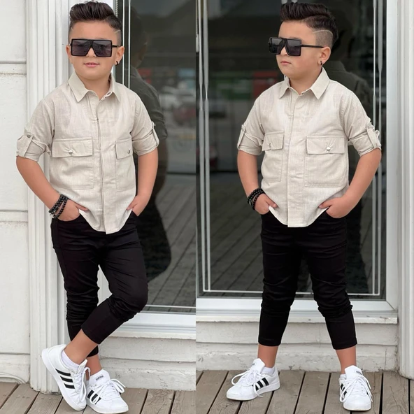 MODAVALS KAPAKLI CEP DETAYLI GÖMLEK & GABARDİN PANTOLON ERKEK ÇOCUK ALT ÜST TAKIM - 12