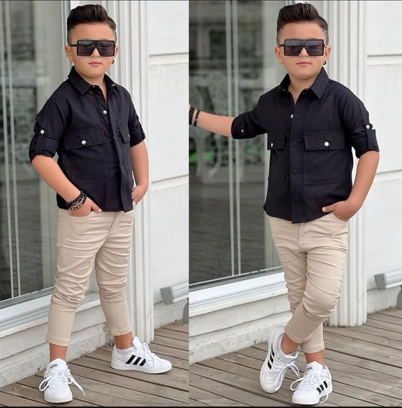 MODAVALS KAPAKLI CEP DETAYLI GÖMLEK & GABARDİN PANTOLON ERKEK ÇOCUK ALT ÜST TAKIM - 6