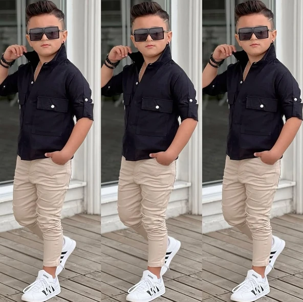 MODAVALS KAPAKLI CEP DETAYLI GÖMLEK & GABARDİN PANTOLON ERKEK ÇOCUK ALT ÜST TAKIM - 4