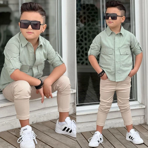 MODAVALS KAPAKLI CEP DETAYLI GÖMLEK & GABARDİN PANTOLON ERKEK ÇOCUK ALT ÜST TAKIM - 3