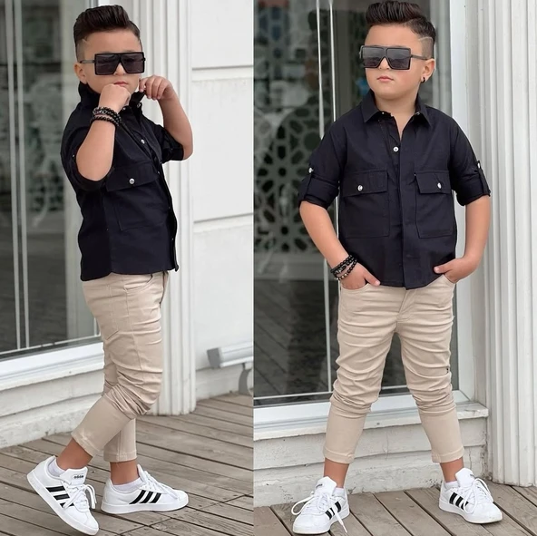 MODAVALS KAPAKLI CEP DETAYLI GÖMLEK & GABARDİN PANTOLON ERKEK ÇOCUK ALT ÜST TAKIM - 5