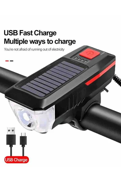 ROBESBON Solar Enerjili, Usb Şarjlı Bisiklet Ön Far, Korna