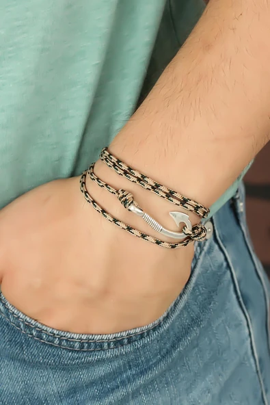 Krem Renk Çizgi Desenli Metal Kancalı Erkek Bileklik - TJ-EB2244-KS