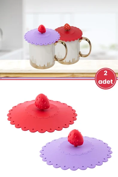 Silicolife 2 Adet Toz Geçirmez Isı Koruyucu Bardak Kapağı, Çilek Figürlü Silikon Bardak Kapağı 2’li Set ürün görseli 1