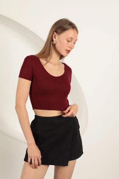Çilek Viskon Kumaş V Yaka Basic Tişört-Bordo