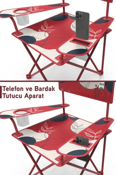 2 Adet Qufi Desenli Katlanır Kamp Piknik Sandalyesi Rejisör Koltuğu Kırmızı - 4
