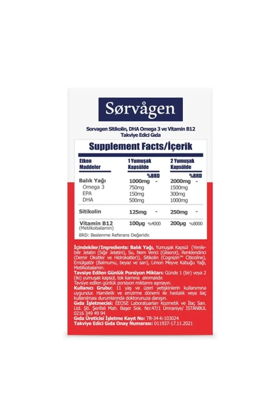 Sorvagen Smart Sitikolin DHA Omega 3 ve B12 30 Kapsül 2 Adet - Resim 3