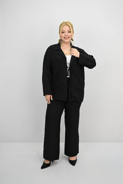 Kadın Büyük Beden Bağlamalı Bol Paça Alt-Üst Takım 8195-25 - 2