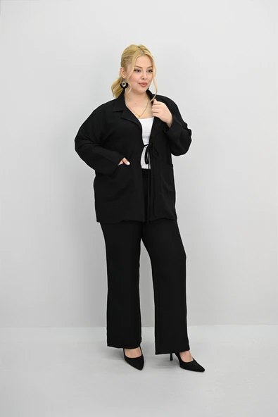 Kadın Büyük Beden Bağlamalı Bol Paça Alt-Üst Takım 8195-25 - 4